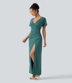 V-neck Batwing Sleeve Ruched Split Maxi Casual Bodycon Dress — Jade Green Floral Yarn — view 3