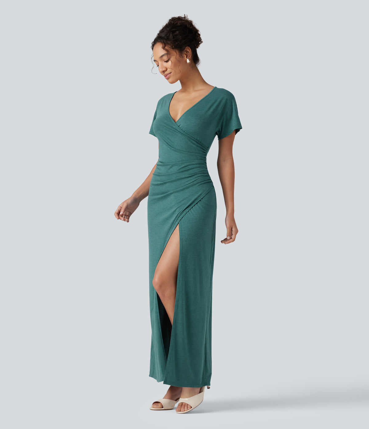 V-neck Batwing Sleeve Ruched Split Maxi Casual Bodycon Dress — Jade Green Floral Yarn — view 3
