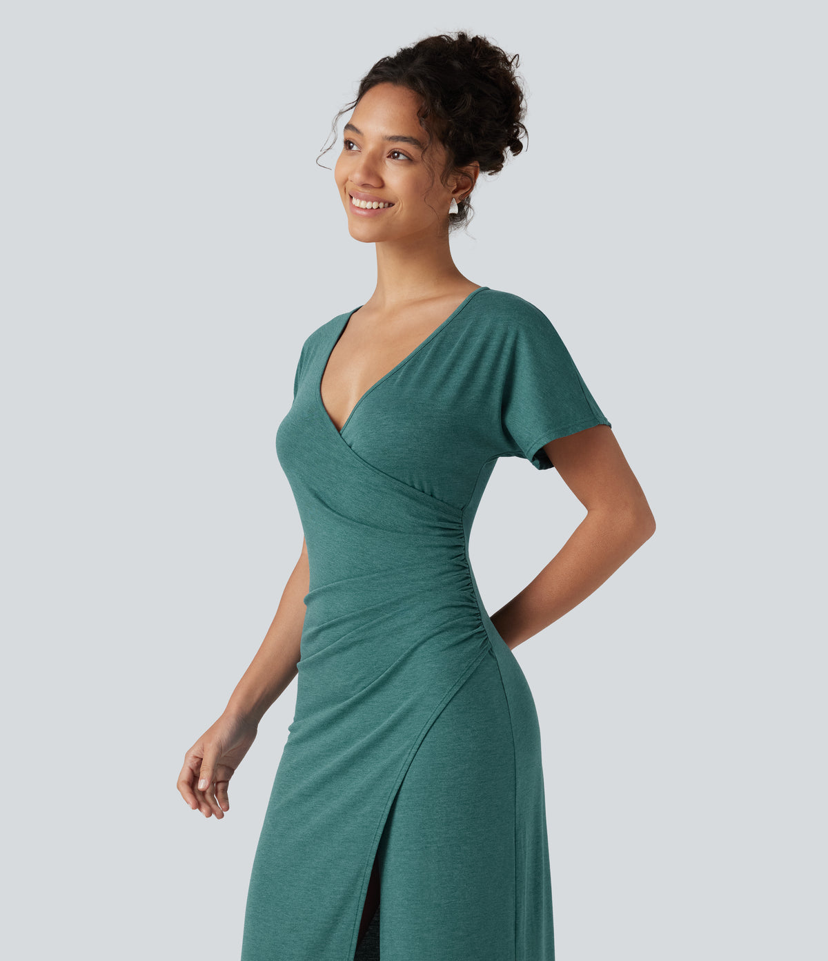 V-neck Batwing Sleeve Ruched Split Maxi Casual Bodycon Dress — Jade Green Floral Yarn — view 4