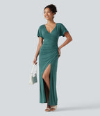 V-neck Batwing Sleeve Ruched Split Maxi Casual Bodycon Dress — Jade Green Floral Yarn — view 7