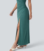 V-neck Batwing Sleeve Ruched Split Maxi Casual Bodycon Dress — Jade Green Floral Yarn — view 5