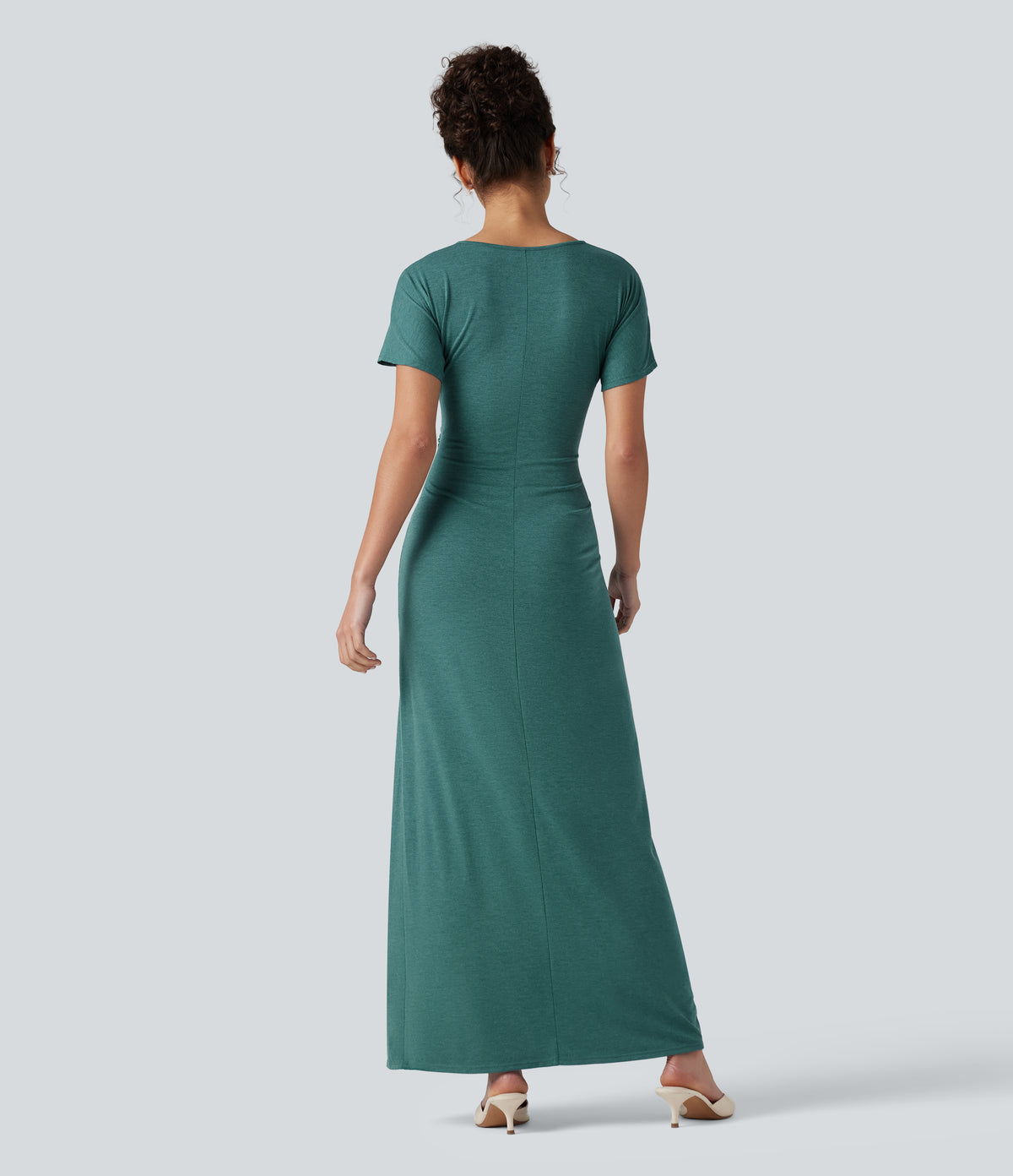 V-neck Batwing Sleeve Ruched Split Maxi Casual Bodycon Dress — Jade Green Floral Yarn — view 2