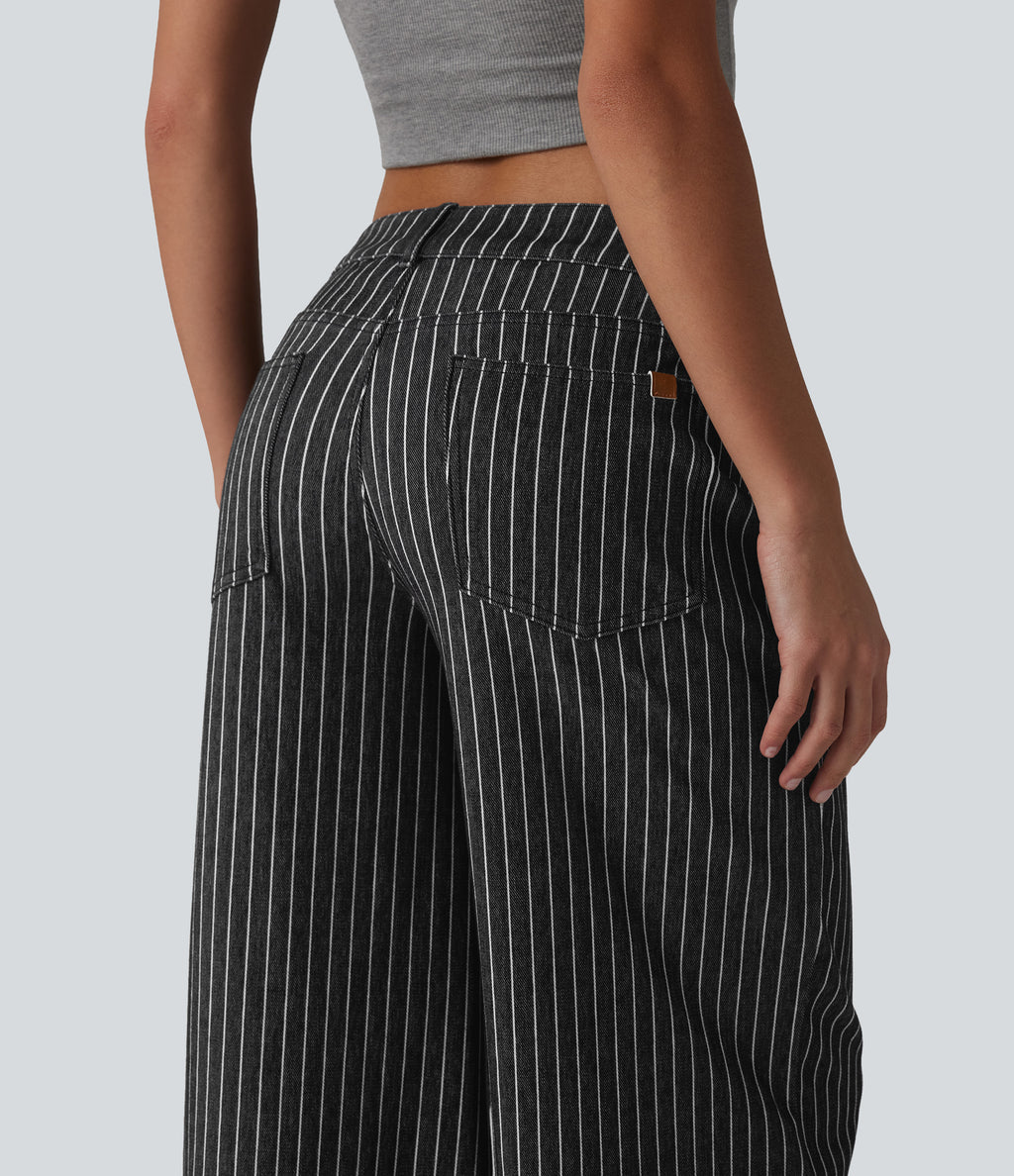 Asymmetric Low Rise Wide Leg Stripe Work Jeans with Pockets — Phantom Denim — view 5