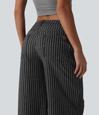 Asymmetric Low Rise Wide Leg Stripe Work Jeans with Pockets — Phantom Denim — view 5