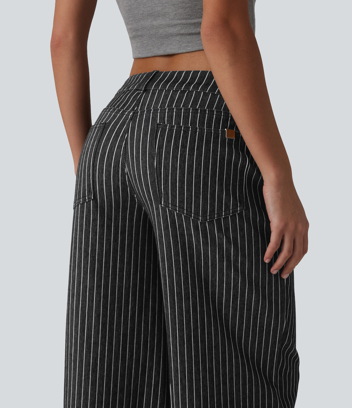 Asymmetric Low Rise Wide Leg Stripe Work Jeans with Pockets — Phantom Denim — view 5