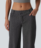 Asymmetric Low Rise Wide Leg Stripe Work Jeans with Pockets — Phantom Denim — view 4