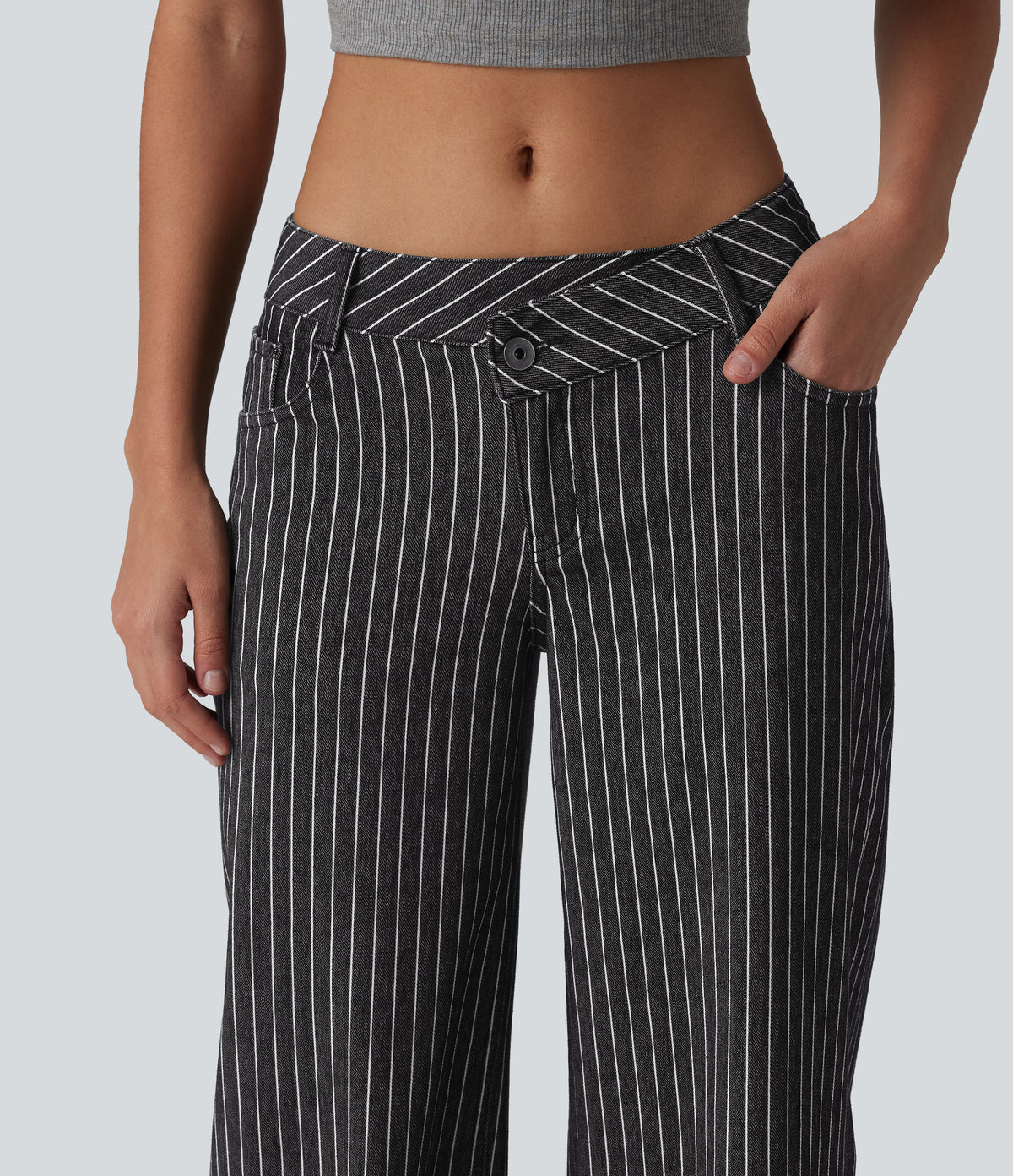 Asymmetric Low Rise Wide Leg Stripe Work Jeans with Pockets — Phantom Denim — view 4