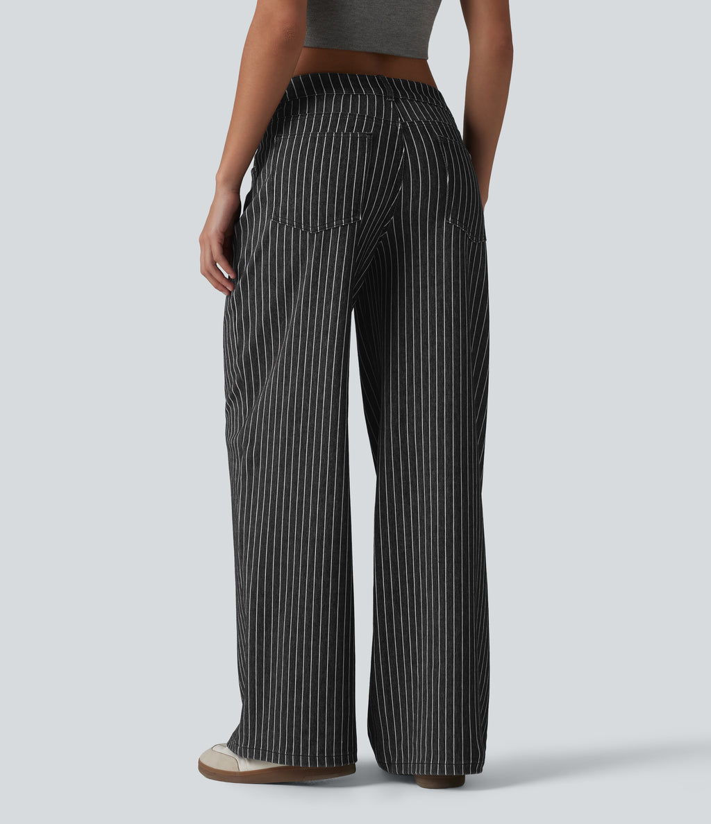Asymmetric Low Rise Wide Leg Stripe Work Jeans with Pockets — Phantom Denim — view 2