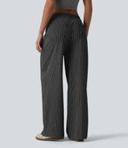 Asymmetric Low Rise Wide Leg Stripe Work Jeans with Pockets — Phantom Denim — view 2