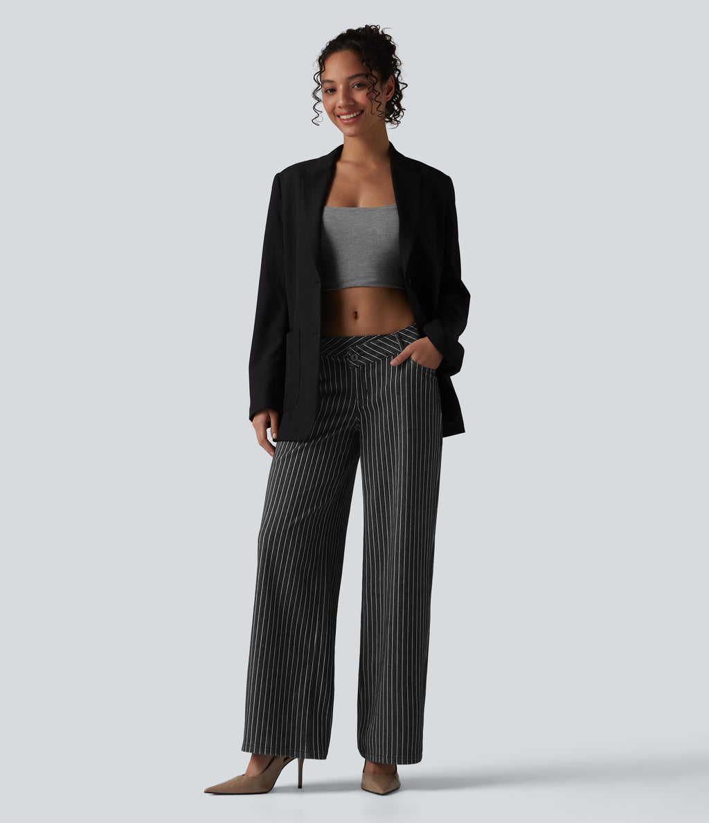 Asymmetric Low Rise Wide Leg Stripe Work Jeans with Pockets — Phantom Denim — view 6