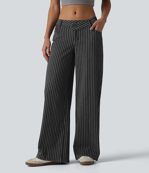 Asymmetric Low Rise Wide Leg Stripe Work Jeans with Pockets — Phantom Denim — view 1