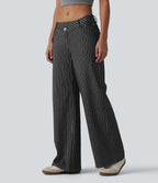 Asymmetric Low Rise Wide Leg Stripe Work Jeans with Pockets — Phantom Denim — view 3
