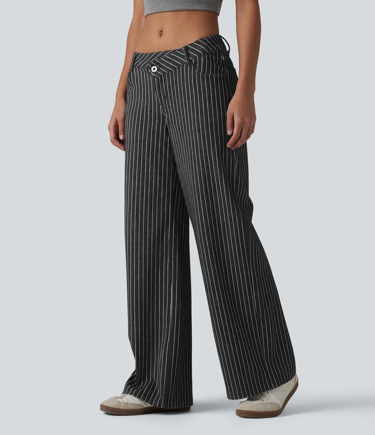 Asymmetric Low Rise Wide Leg Stripe Work Jeans with Pockets — Phantom Denim — view 3