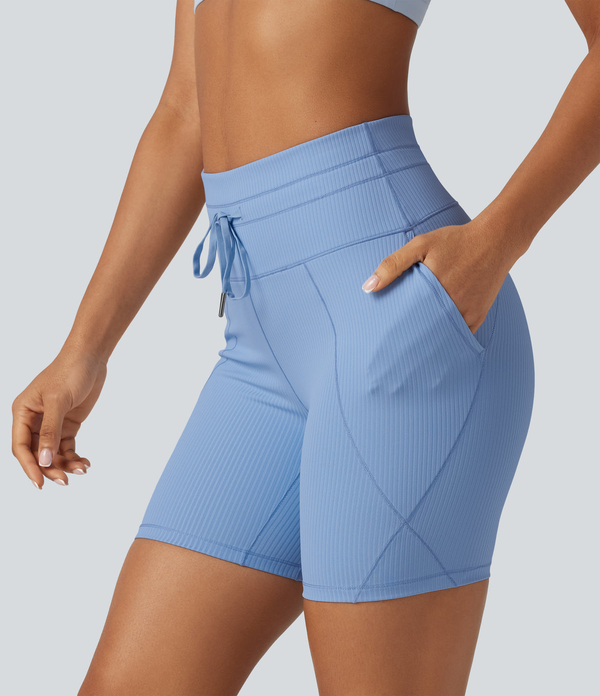 Ribbed Knit High Waisted Drawstring Quick Dry Yoga Biker Shorts 6'' with Pockets-UPF50+ — Placid Blue — view 1