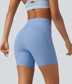 Ribbed Knit High Waisted Drawstring Quick Dry Yoga Biker Shorts 6'' with Pockets-UPF50+ — Placid Blue — view 2