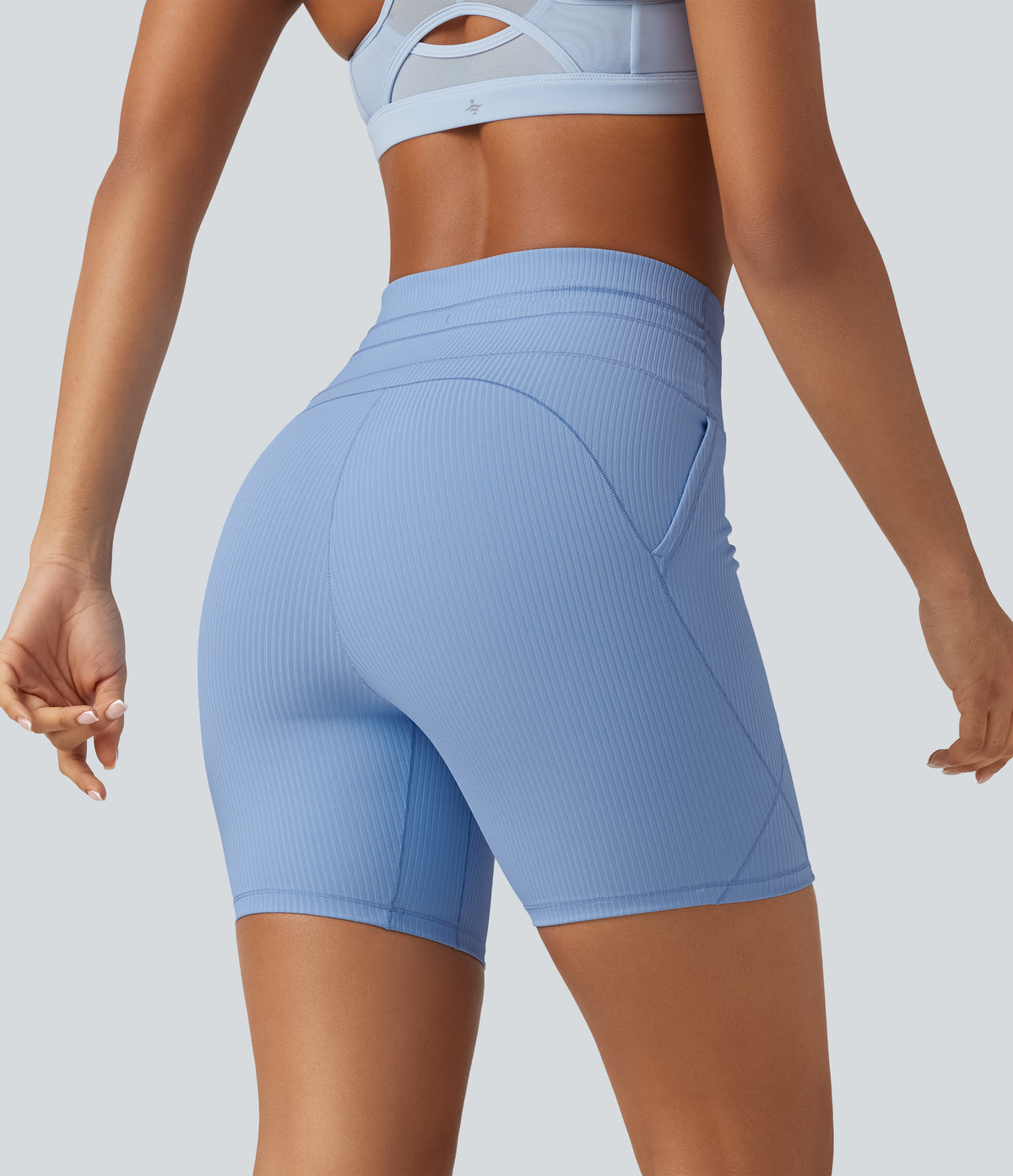 Ribbed Knit High Waisted Drawstring Quick Dry Yoga Biker Shorts 6'' with Pockets-UPF50+ — Placid Blue — view 2