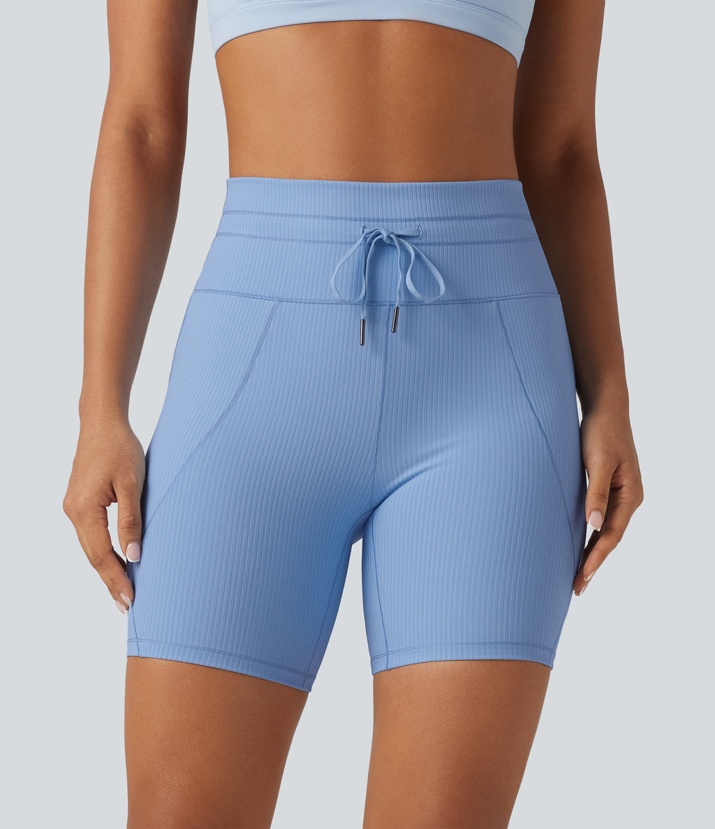 Ribbed Knit High Waisted Drawstring Quick Dry Yoga Biker Shorts 6'' with Pockets-UPF50+ — Placid Blue — view 3