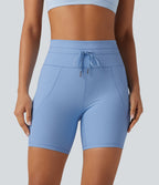 Ribbed Knit High Waisted Drawstring Quick Dry Yoga Biker Shorts 6'' with Pockets-UPF50+ — Placid Blue — view 3