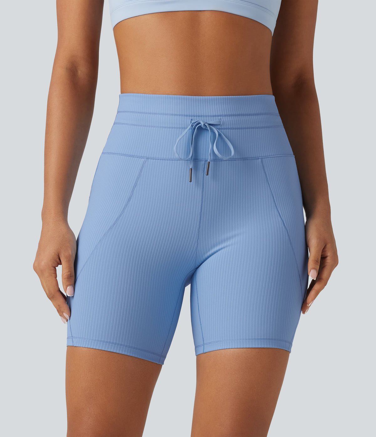Ribbed Knit High Waisted Drawstring Quick Dry Yoga Biker Shorts 6'' with Pockets-UPF50+ — Placid Blue — view 3
