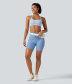 Ribbed Knit High Waisted Drawstring Quick Dry Yoga Biker Shorts 6'' with Pockets-UPF50+ — Placid Blue — view 8