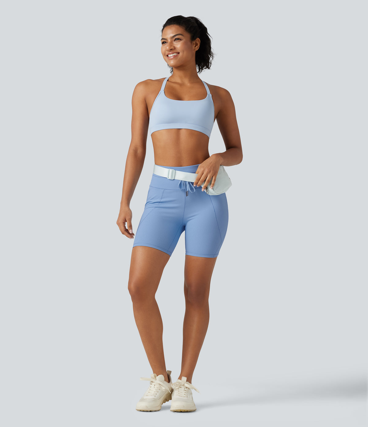Ribbed Knit High Waisted Drawstring Quick Dry Yoga Biker Shorts 6'' with Pockets-UPF50+ — Placid Blue — view 8