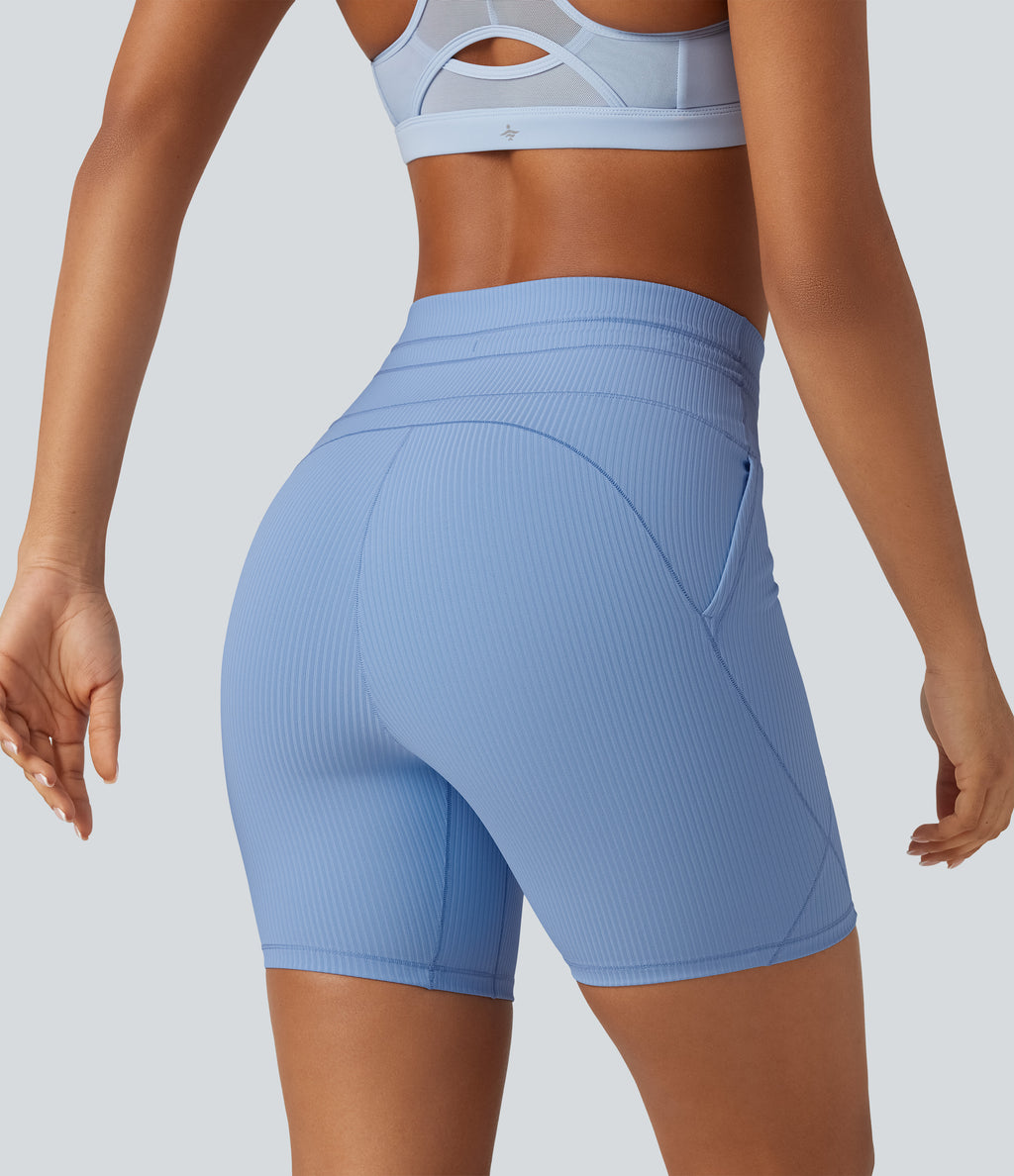 Ribbed Knit High Waisted Drawstring Quick Dry Yoga Biker Shorts 6'' with Pockets-UPF50+ — Placid Blue — view 6