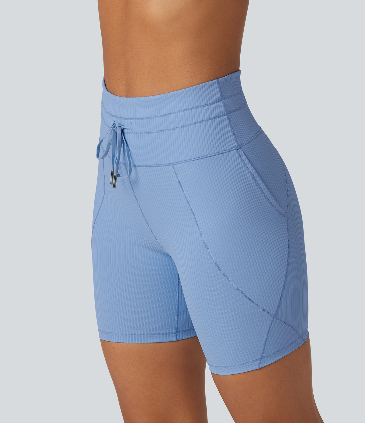Ribbed Knit High Waisted Drawstring Quick Dry Yoga Biker Shorts 6'' with Pockets-UPF50+ — Placid Blue — view 5