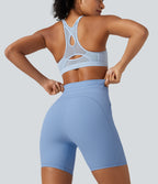 Ribbed Knit High Waisted Drawstring Quick Dry Yoga Biker Shorts 6'' with Pockets-UPF50+ — Placid Blue — view 7