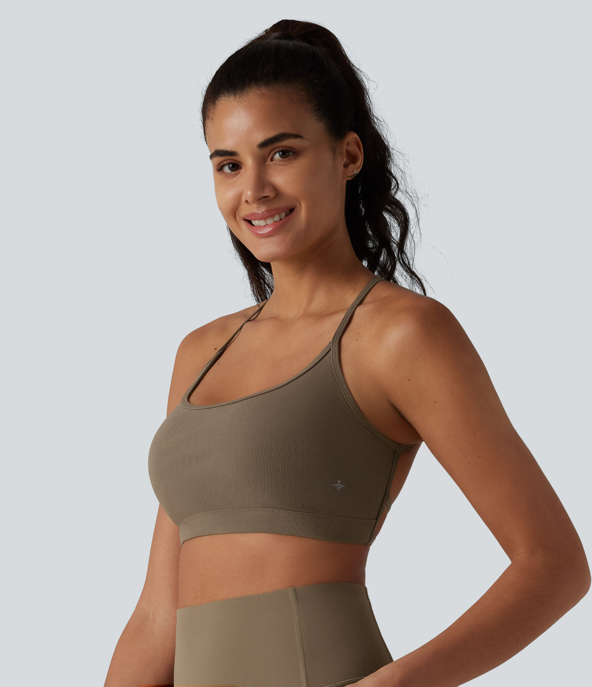Ribbed Knit Low Support Crisscross Backless Built-in Bra Yoga Sports Bra — Dawn Brown — view 3