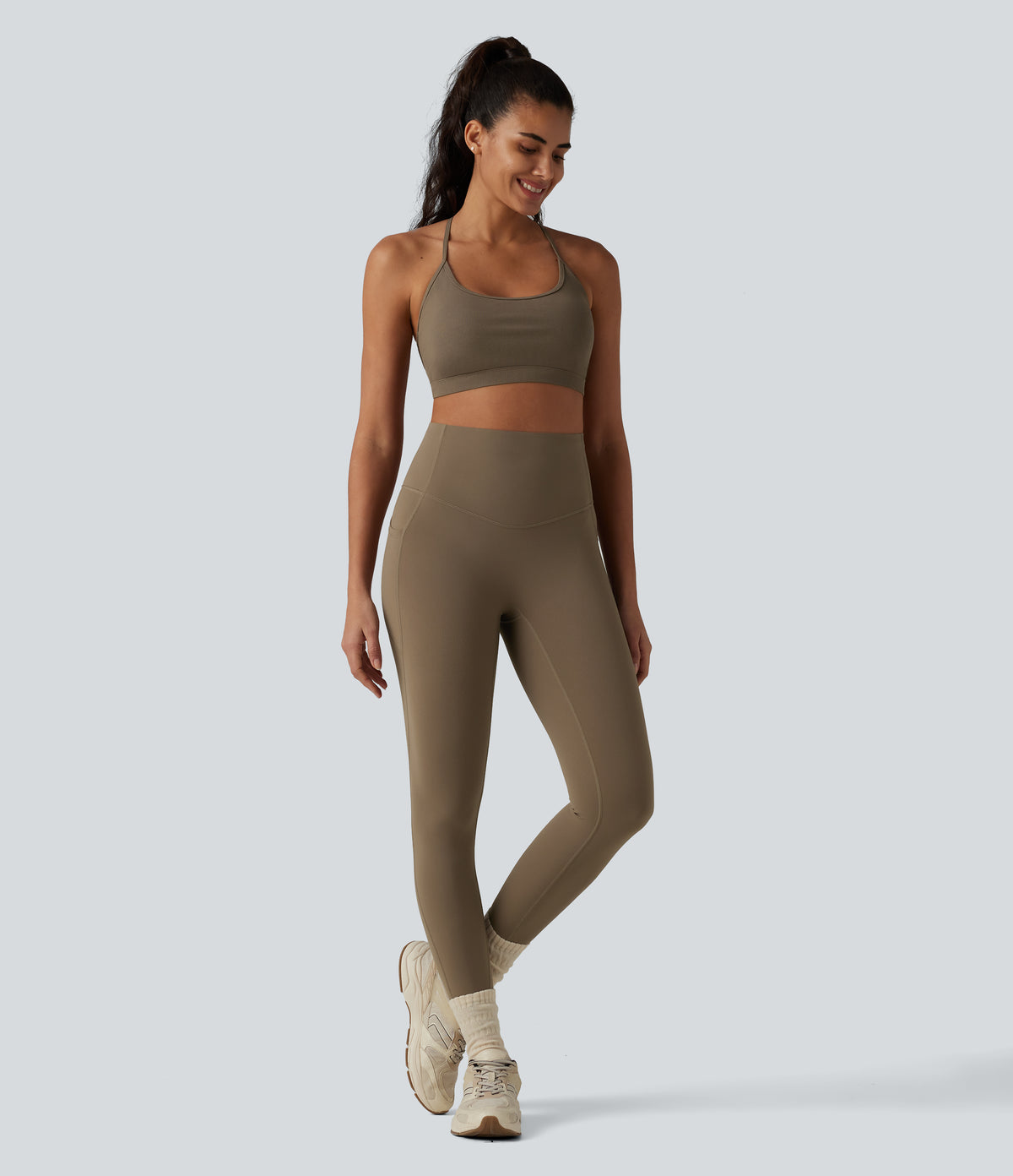 Ribbed Knit Low Support Crisscross Backless Built-in Bra Yoga Sports Bra — Dawn Brown — view 6