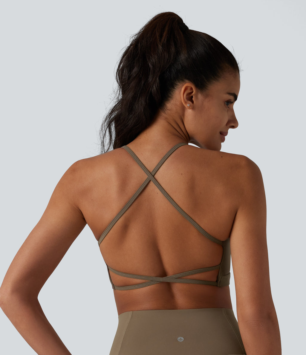 Ribbed Knit Low Support Crisscross Backless Built-in Bra Yoga Sports Bra — Dawn Brown — view 4