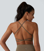 Ribbed Knit Low Support Crisscross Backless Built-in Bra Yoga Sports Bra — Dawn Brown — view 4
