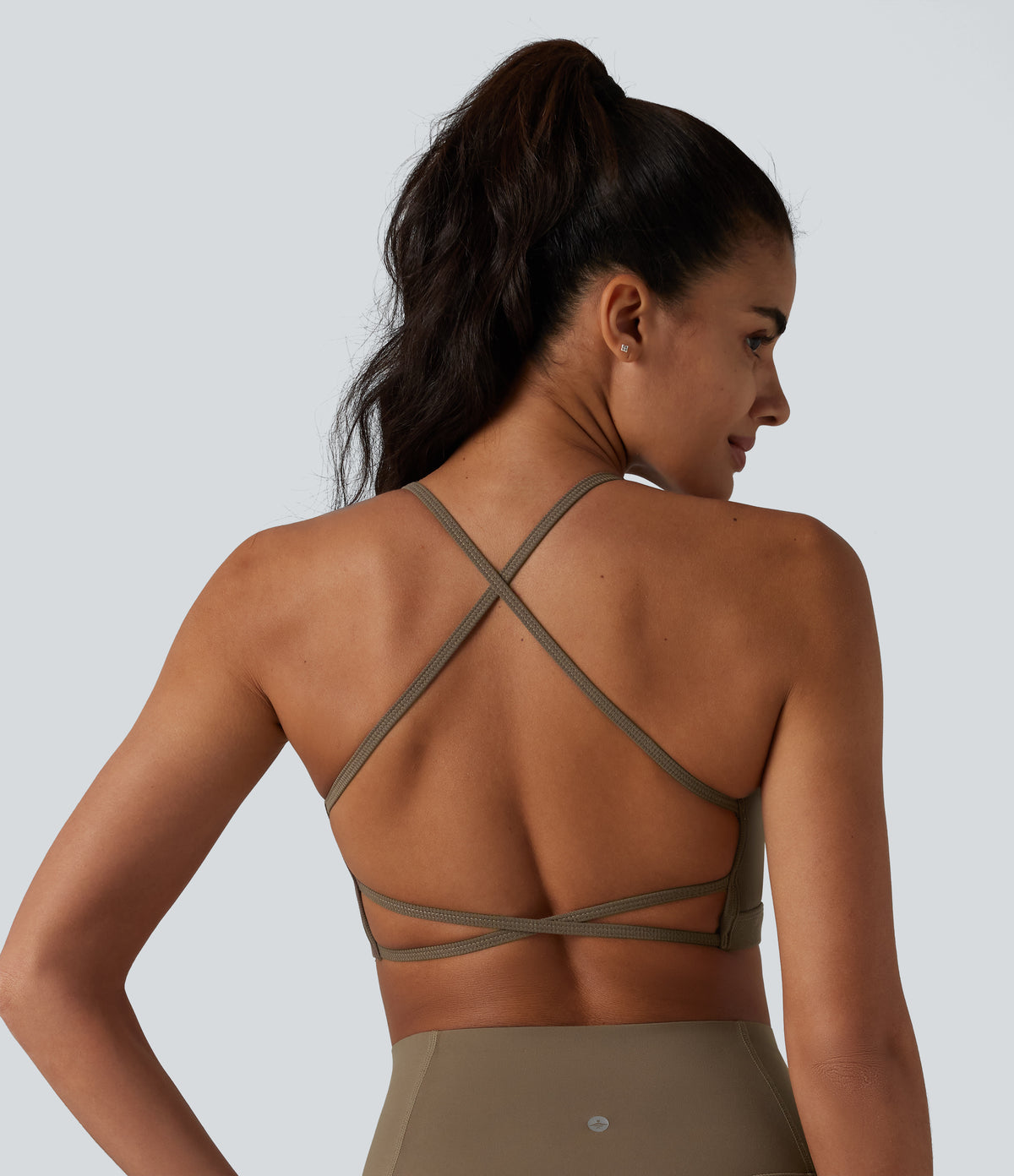 Ribbed Knit Low Support Crisscross Backless Built-in Bra Yoga Sports Bra — Dawn Brown — view 4