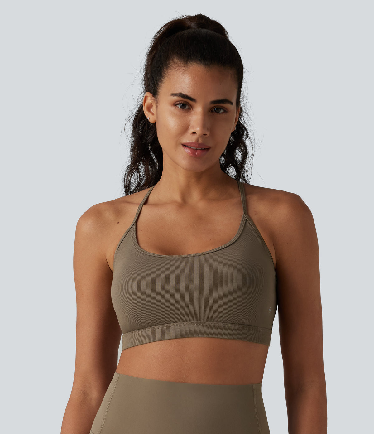 Ribbed Knit Low Support Crisscross Backless Built-in Bra Yoga Sports Bra — Dawn Brown — view 2
