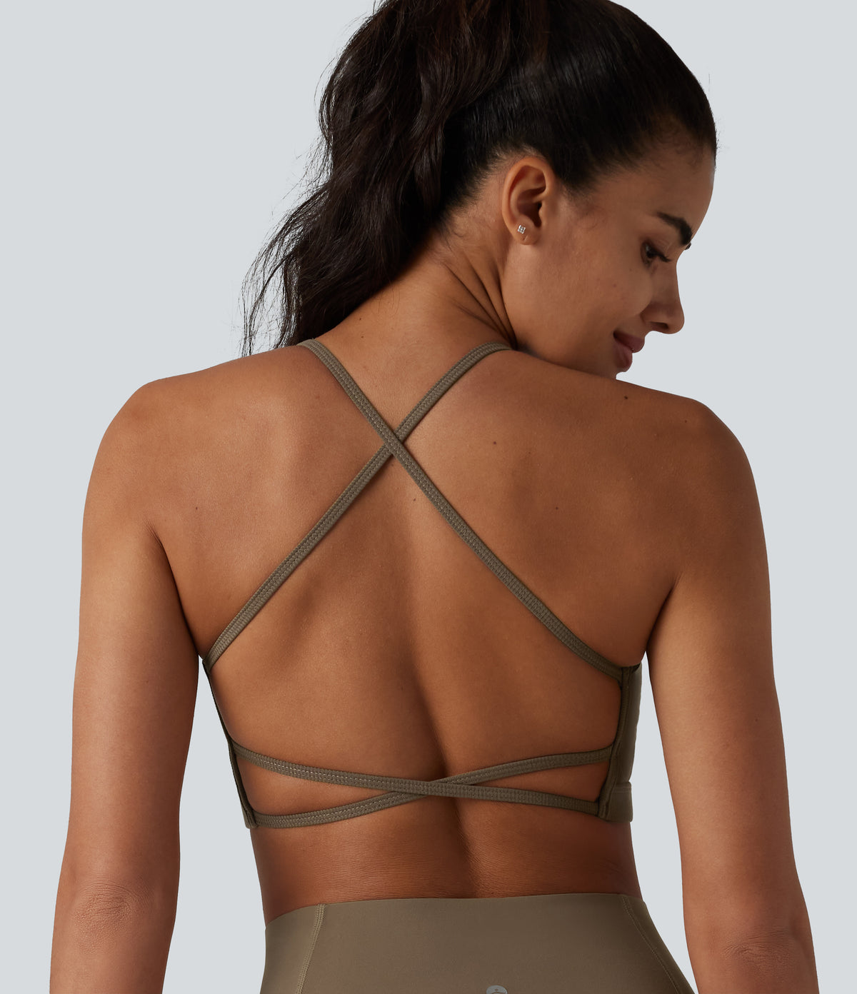 Ribbed Knit Low Support Crisscross Backless Built-in Bra Yoga Sports Bra — Dawn Brown — view 1