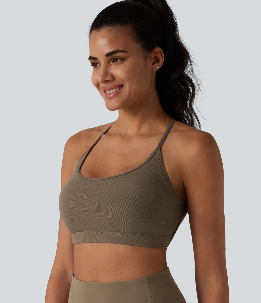Ribbed Knit Low Support Crisscross Backless Built-in Bra Yoga Sports Bra — Dawn Brown — view 5