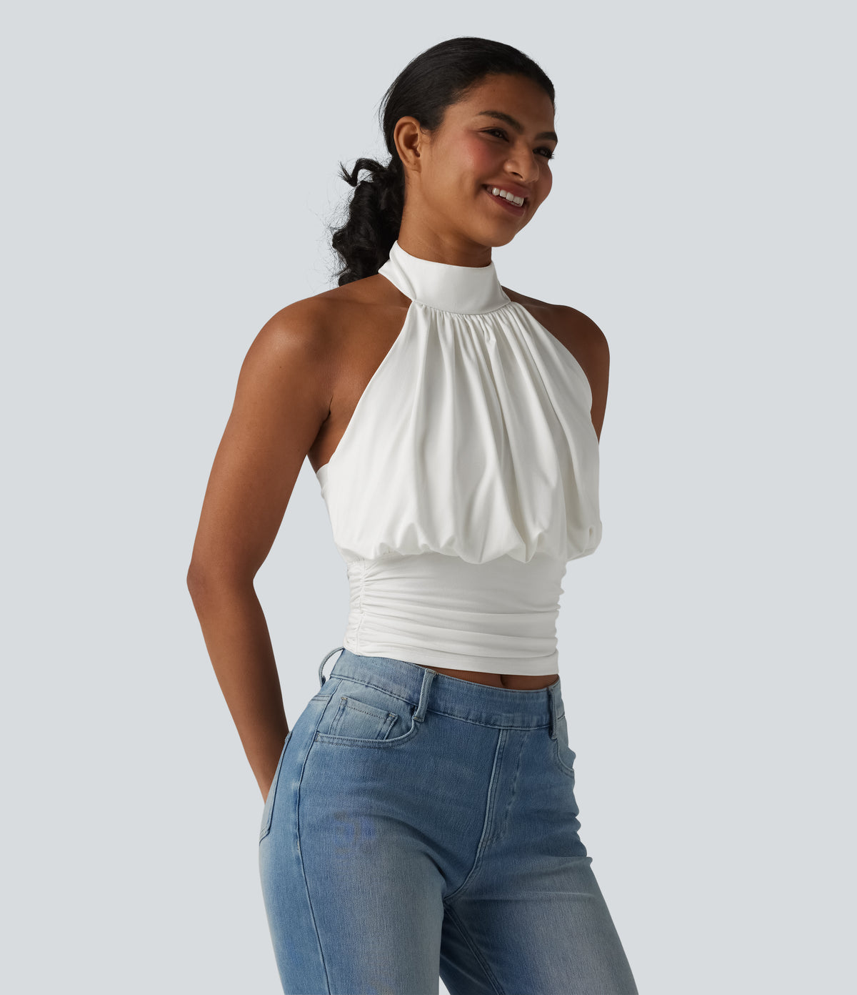 Halter Tie Back Casual Tank Top — White — view 3
