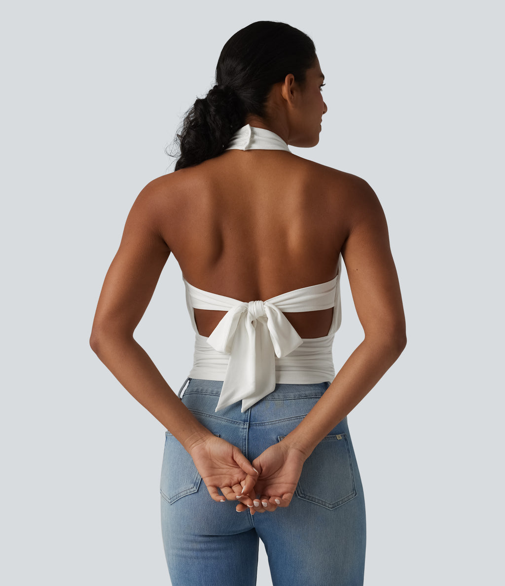Halter Tie Back Casual Tank Top — White — view 2