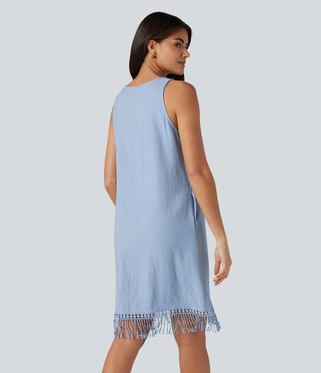 V Neck Sleeveless Fringe Hem Mini Dress — Ocean Eyes - Light Blue — view 2