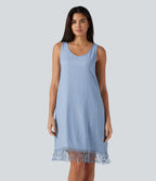 V Neck Sleeveless Fringe Hem Mini Dress — Ocean Eyes - Light Blue — view 1