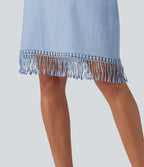 V Neck Sleeveless Fringe Hem Mini Dress — Ocean Eyes - Light Blue — view 5