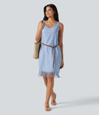 V Neck Sleeveless Fringe Hem Mini Dress — Ocean Eyes - Light Blue — view 6
