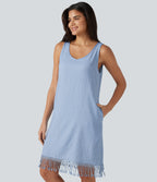 V Neck Sleeveless Fringe Hem Mini Dress — Ocean Eyes - Light Blue — view 3