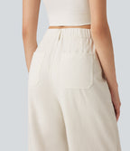 High Waisted Straight Leg Casual Linen-Feel Trousers with Pockets — Marshmallow — view 5