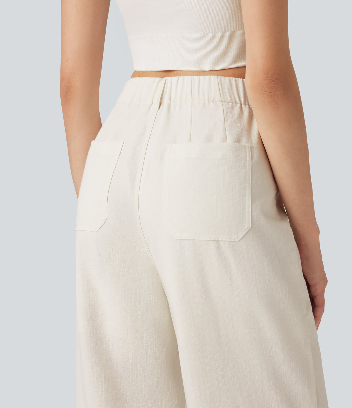 High Waisted Straight Leg Casual Linen-Feel Trousers with Pockets — Marshmallow — view 5