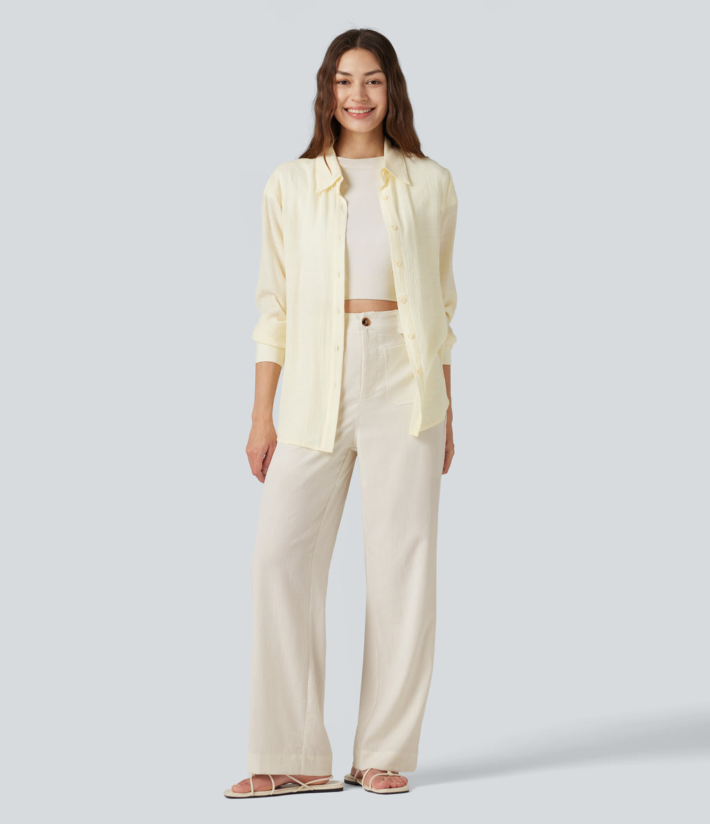 High Waisted Straight Leg Casual Linen-Feel Trousers with Pockets — Marshmallow — view 8