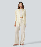High Waisted Straight Leg Casual Linen-Feel Trousers with Pockets — Marshmallow — view 8