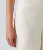 High Waisted Straight Leg Casual Linen-Feel Trousers with Pockets — Marshmallow — view 6