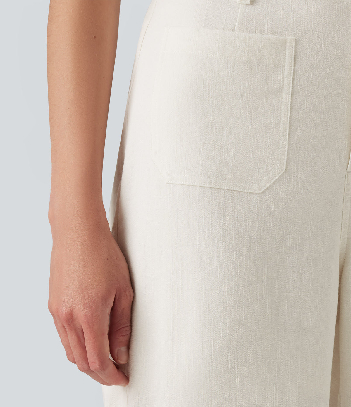 High Waisted Straight Leg Casual Linen-Feel Trousers with Pockets — Marshmallow — view 6