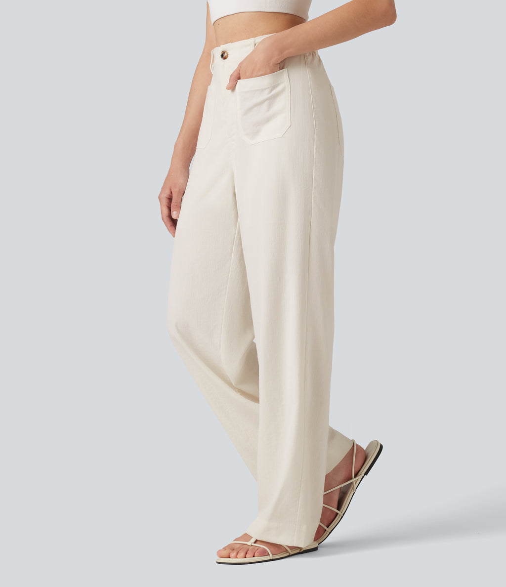 High Waisted Straight Leg Casual Linen-Feel Trousers with Pockets — Marshmallow — view 1